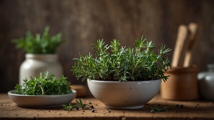 Fresh herbs in a ceramic bowl with rustic kitchen items.
