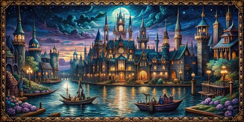 Fototapeta premium Midnight Harbor Tapestry: Eerie, sophisticated, jewel tones, intricate patterns, gothic architecture