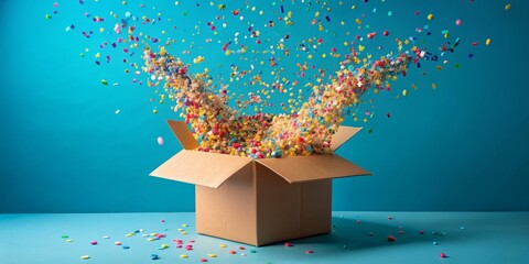 Colorful Confetti Explosion From Open Cardboard Box, confetti , box , explosion , surprise