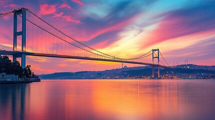 Obraz premium The breathtaking Bosphorus Bridge in Istanbul at sunset, with space for your message
