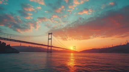 Obraz premium The breathtaking Bosphorus Bridge in Istanbul at sunset, with space for your message