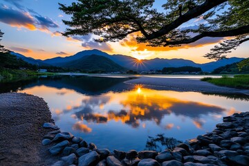 A serene landscape at dusk with a honey-colored sky, the warm tones of the sunset reflecting on a calm river