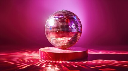 A disco ball on a red podium against a pink background with a reflection of light.