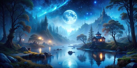Obraz premium Midnight Reverie: Atmospheric, dreamy, deep blue, mystical, nocturnal
