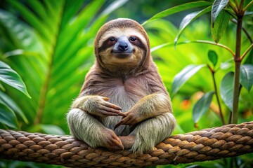 Naklejka premium A serene sloth sits cross-legged on a branch, its claws clasped together in a gentle gesture of respect, surrounded by lush green foliage.