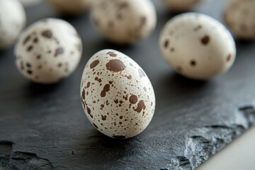 CloseUp of Fresh Quail Eggs on Dark Slate Background