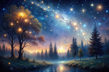 Naklejka premium Midnight Whispers on Eerie Starlit Canvas, Glittering Hues