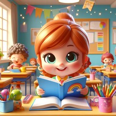 Cheerful 3D illustration of a child reading a book at their classroom desk, with an expressive face and bright, colorful surroundings, in a cute 3D character style