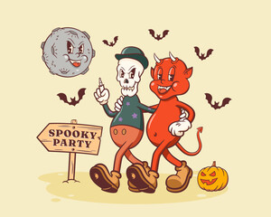 Halloween Groovy Skeleton and Demon Retro Characters. Cartoon Mascots Walking by a Pumpkin to Spooky Party under Evil Moon. Vector Autumn Holiday Template. Happy Vintage Cool Illustration Isolated