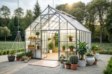 Obraz premium Minimalist Greenhouse Haven: Farmhouse architecture simplified with a minimalist greenhouse design, featuring clean lines, neutral tones, and sparse botanical accents.