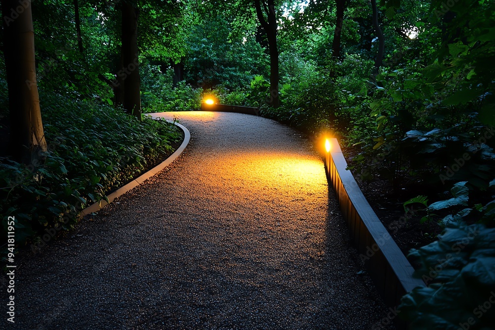 Poster a serene woodland scene with an amber glow from the setting sun, illuminating the trees and casting 