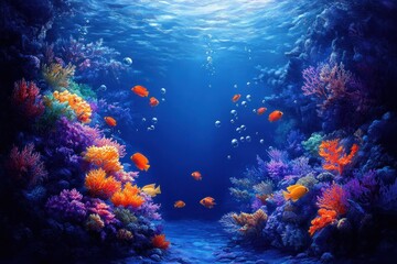 Obraz premium Vibrant Coral Reef with Orange Fish and Bubbles