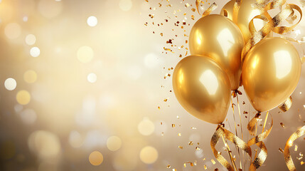 Golden balloons and gold ribbons for birthday or new years party