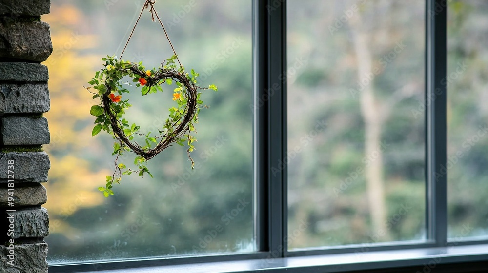 Wall mural   A heart-shaped wreath hangs on a window sill, framing a stunning view of the forest outside