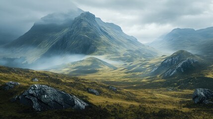 The rugged beauty of the Scottish Highlands, with misty mountains and open space for copy