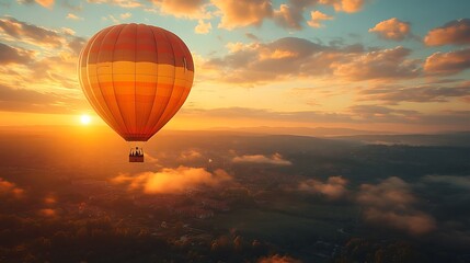 Fototapeta premium A colorful hot air balloon soars above a misty landscape at sunset.