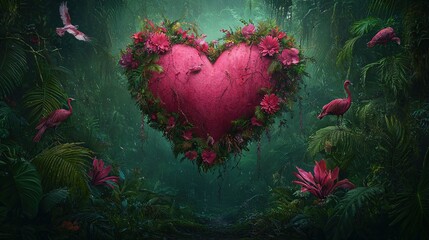  An artful heart sculpted from pink blossoms and encircled by flamingos amidst a lush forest