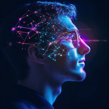 Concepto futurista de inteligencia artificial con conexiones neuronales brillantes sobre la cabeza de un hombre, destacando tecnolog&iacute;a y redes digitales