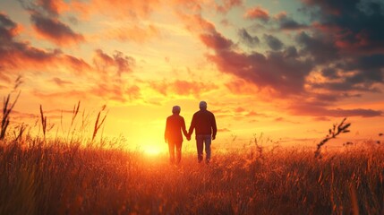 A couple is walking in a field at sunset