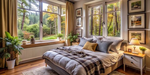 Cozy Bedroom with Forest View, Large Windows, Warm Lighting, Beige and Brown Tones, Bedside Table, Bedspread, Bedroom Decor