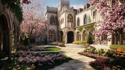 Fototapeta premium Iconic European mansion with a traditional copy floor and a courtyard filled with blooming flowers.