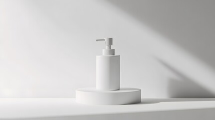 Obraz premium Minimalist Soap Dispenser: A simple, white soap dispenser with a clean design, centered on a white background, with soft lighting to enhance its form. 