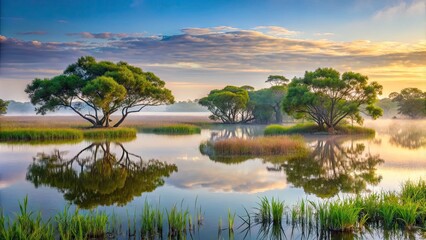 Misty dawn breaks over serene coastal wetland, with lush green marsh grasses and twisted mangrove trees reflecting in calm, mirror-like waters.