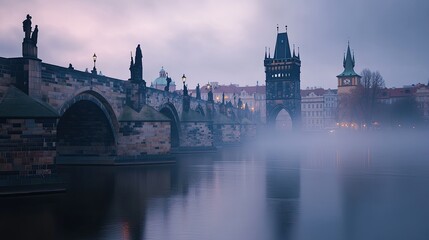 Fototapeta premium The stunning Charles Bridge in Prague, with open space for text in the calm river below