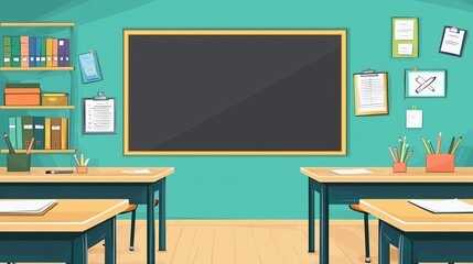 Bright classroom interior with desks, bookshelves, and a chalkboard. Ideal for education and teaching themes.