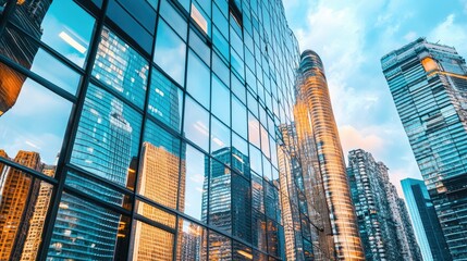 Fototapeta premium Close-up of a high-rise building glass panels reflecting the cityscape and surrounding architecture