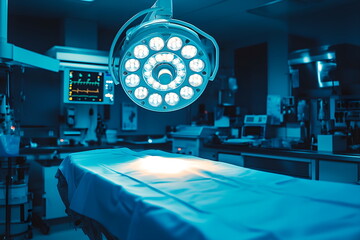 A surgical room with the operating table illuminated, highlighting sterile tools