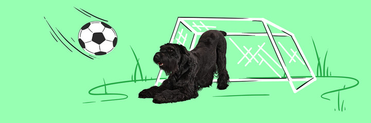 Banner. Contemporary artwork. Playful dog guards goal, ready for action as soccer ball flies in against bright green field. Concept of sport and hobby, animals, champion. Comic art style. Ad