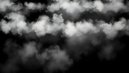 White horizontal smoke collection on black background. Fog or smoke set isolated on black background. White cloudiness, mist or smog background isolated with white highlights, png