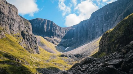 The towering cliffs of Ben Nevis in Scotland, with clear space for your message in the rugged terrain