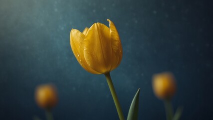 Close-up of a vibrant yellow tulip on blue background.