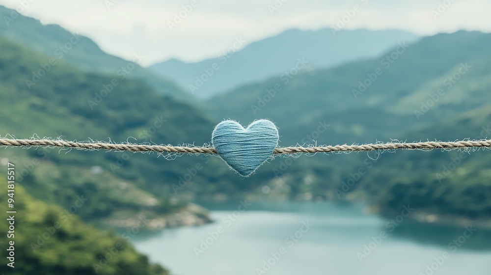 Wall mural a blue heart dangles on a rope, surrounded by mountains and water