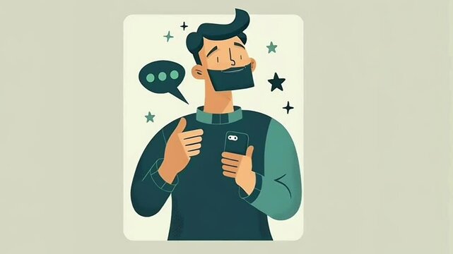 man with beard holding a phone and talking. Cartoon video 