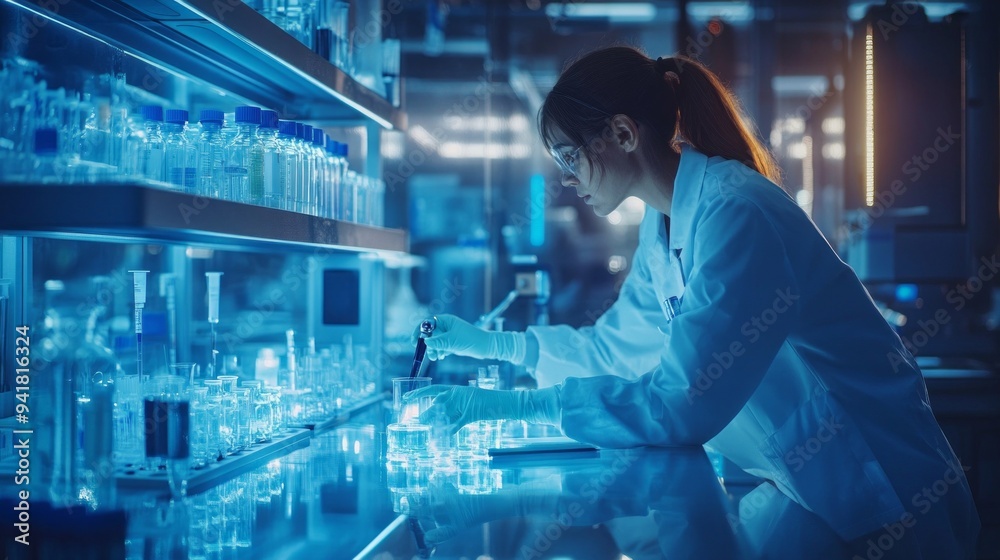 Poster a woman in a lab coat is working on a project