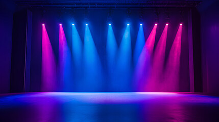 Modern dance stage with blue and purple light background with spotlight illuminated for modern dance production stage