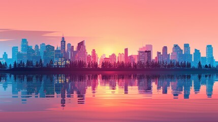 Obraz premium Colorful abstract cityscape by the water, captured in an artistic painting. Ideal for decorating a contemporary and creative space.