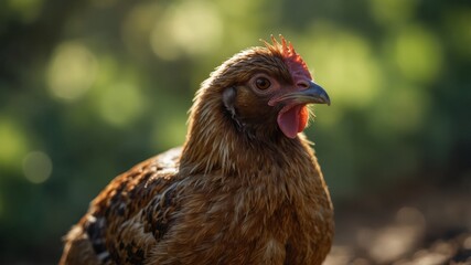 Close-up of a brown hen in sunlight with blurred green background.