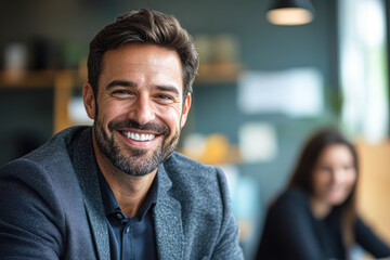 Obraz premium A man with a big smile on his face is sitting in a restaurant