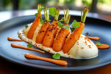 An elegant culinary presentation of a gourmet dish featuring roasted carrots, arranged artistically on a plate