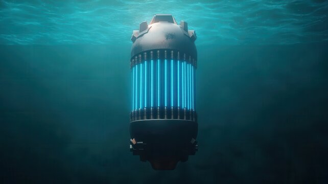 A nuclear reactor core submerged in water with a blue glow Cherenkov radiation surrounding the rods, photorealistic, hyper-resolution, eerie and mesmerizing energy