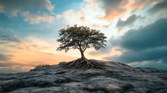 A single tree standing on a rocky hilltop, its roots exposed, against a dramatic sky with rolling clouds.