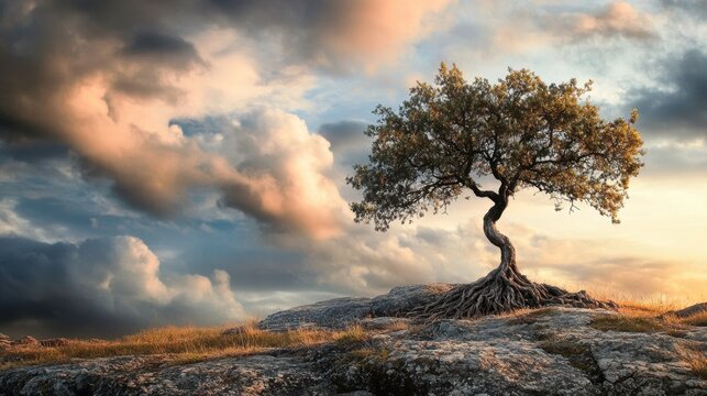 A single tree standing on a rocky hilltop, its roots exposed, against a dramatic sky with rolling clouds.