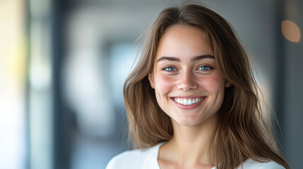 Fototapeta premium A woman with long brown hair and a white shirt is smiling