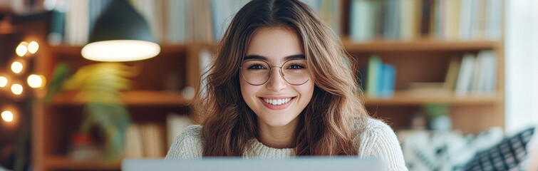Obraz premium A woman is sitting at a desk with a laptop in front of her