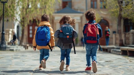 A group of three children walks down the street. Each child has a backpack. . The street is paved with cobblestones.