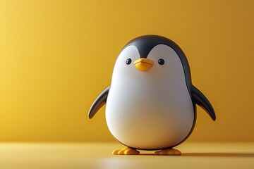 Cartoonish 3D penguin with a round shape, tiny feet, and an endearing smile, rendered with vivid colors and a playful touch